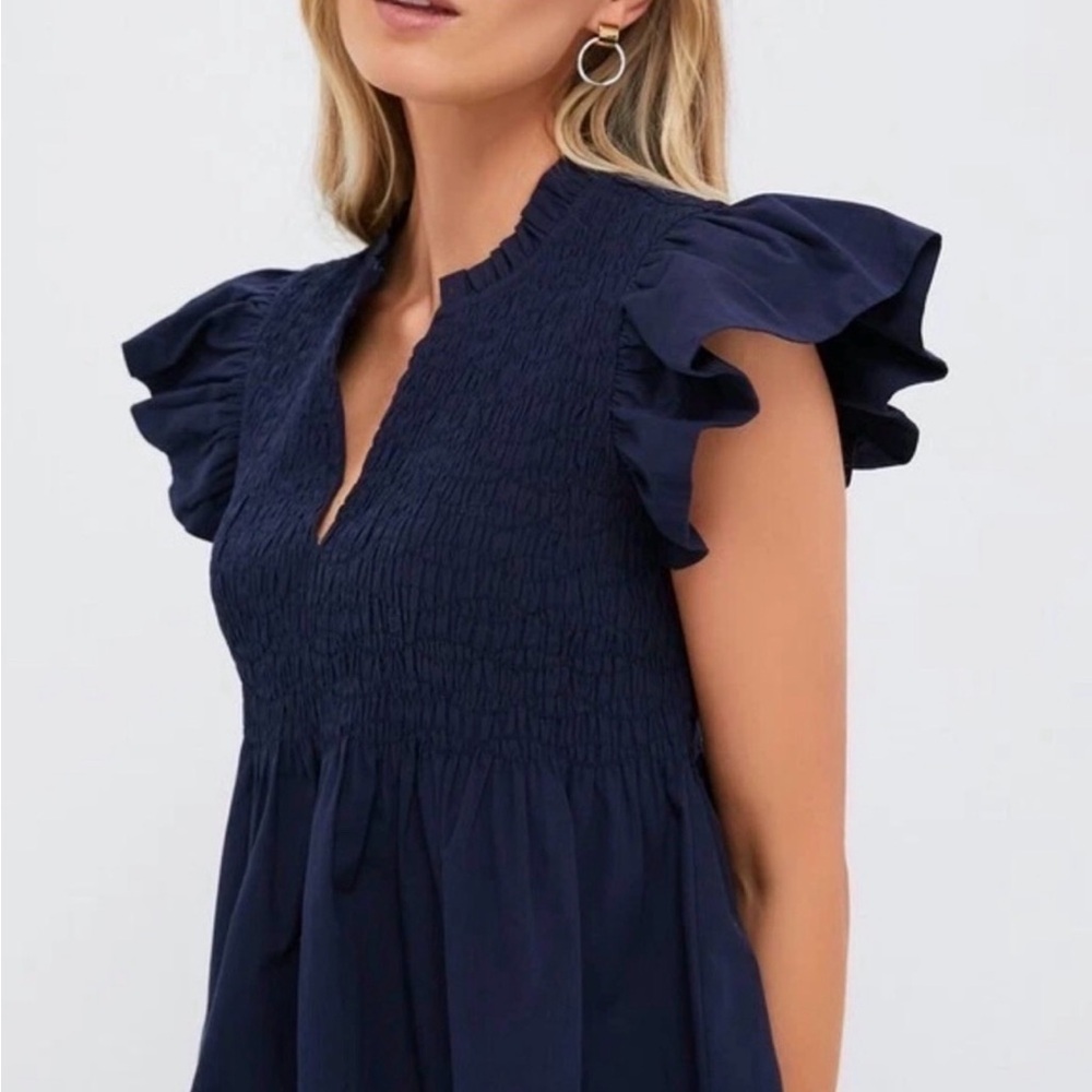 Navy Ruffle Sleeve Smocked Top